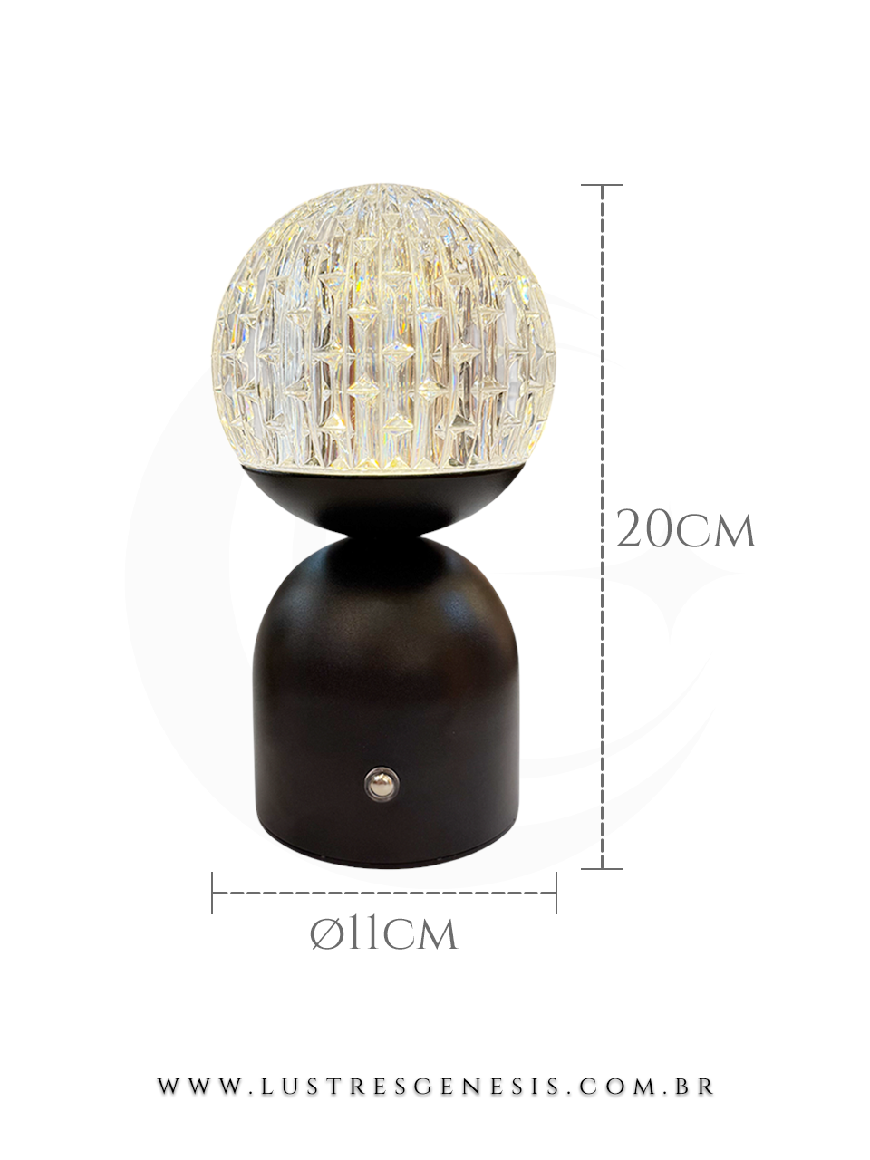 Abajur sem fio preto modelo Blow da Sindora, com cúpula de vidro texturizado e base preta, medindo 20 cm de altura e 11 cm de diâmetro, ideal para decoração de mesa de cabeceira, cômoda e canto de leitura.
